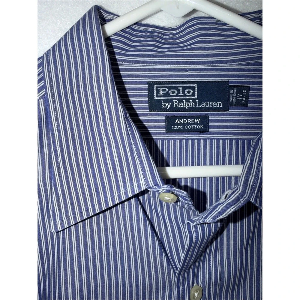 Polo Ralph Lauren Andrew Shirt Men's‎ 17 34/35 Long Sleeve Button Blue Stripe